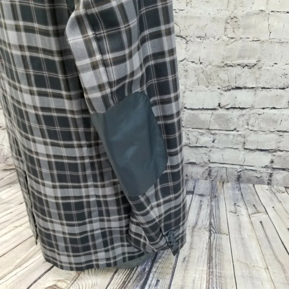 Lanzino Mens Plaid Blazer Navy Gray Elbow Patches Trim Two Button XL Windowpane‎